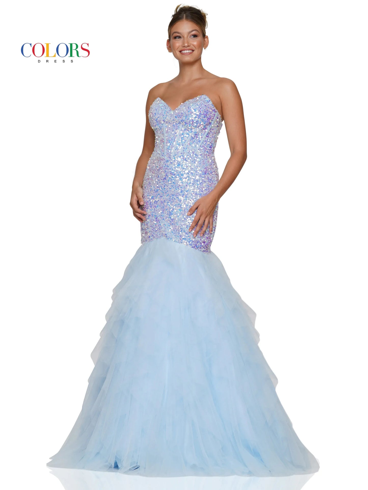 This beautiful Colors Dress 3202 Mermaid Prom Dress features a strapless corset bodice with boning peak points, a fitted sequin bodice and a ruffle tulle trumpet skirt for an elegant look. Perfect for any formal occasion. Prom, Pageant, Formal evening Gown.  Sizes: 2-24  Colors: Black, Light Blue, Purple, Red