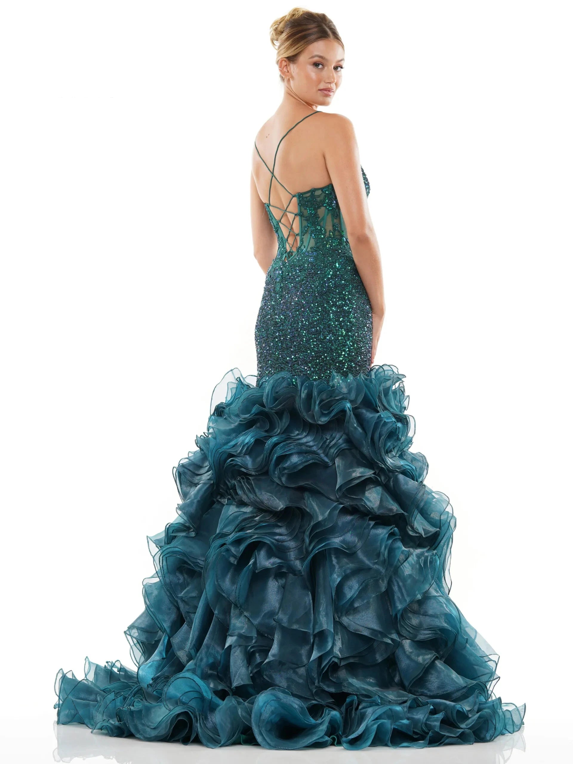 Expertly designed with a lace and sequin embellished sheer corset, this Colors Dress 3214 Layer Ruffle Mermaid Prom Dress features an elegant high slit and sweeping train. Its intricate details and form-flattering silhouette make it the perfect choice for a glamorous and sophisticated evening look. lace up corset back.  Sizes: 0-22  Colors: Black, Red, Blue, Deep Green