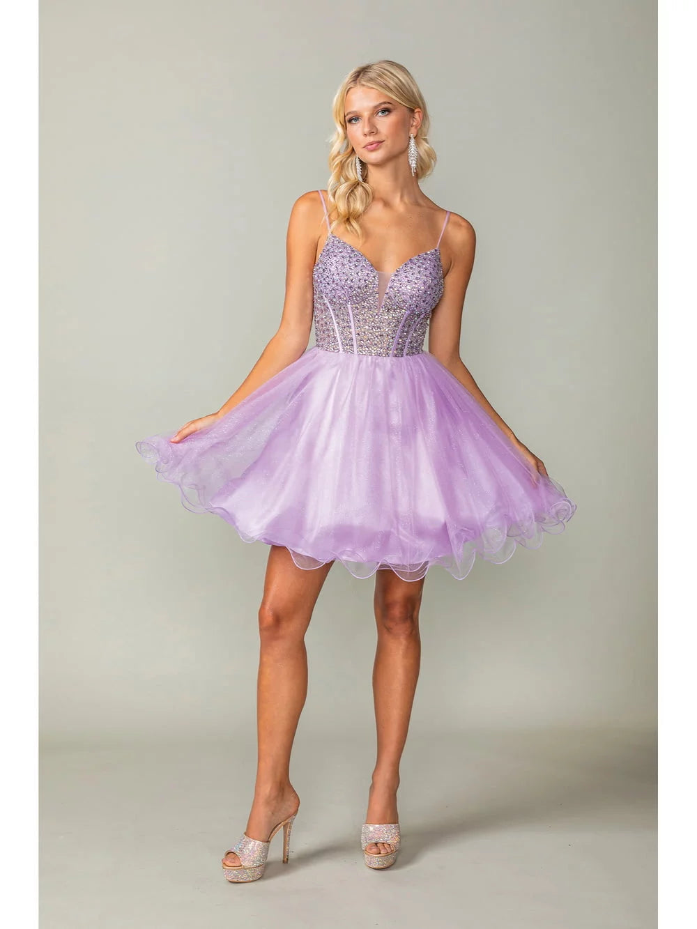 DQ 3353 sz 2 sage Crystal sheer Homecoming Dress Corset Cocktail Dress with plunging neckline