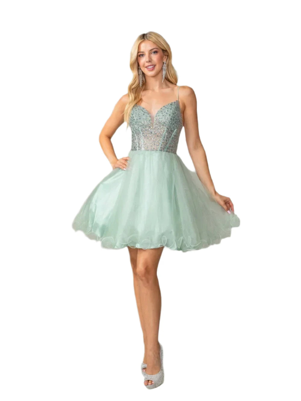 DQ 3353 Crystal sheer Homecoming Dress Corset Formal Cocktail Dress with plunging neckline