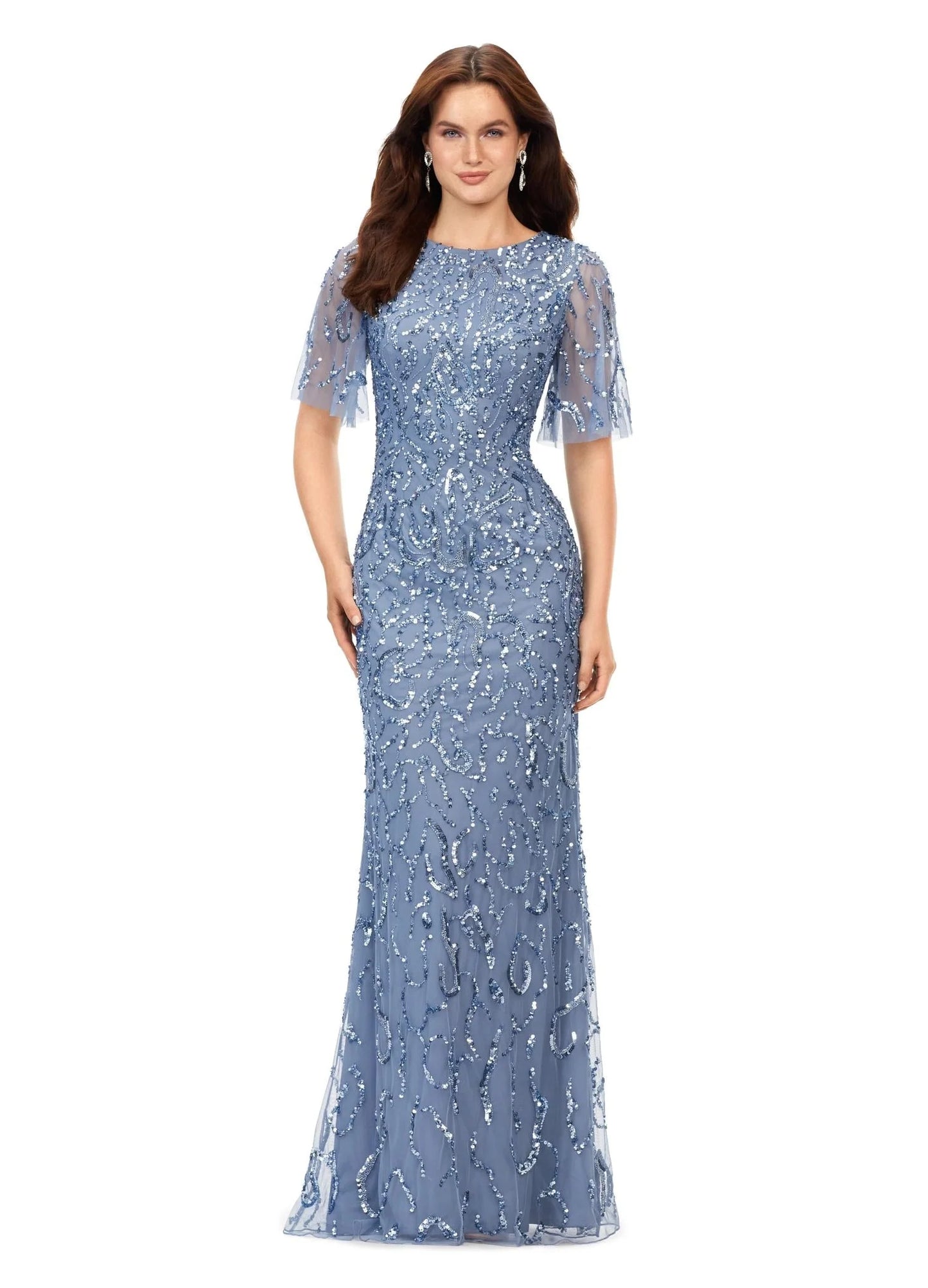 Ashley Lauren 11216 Long Evening Gown Butterfly Sleeve Fully Beaded Crew Neckline Keyhole Back Evening Dress