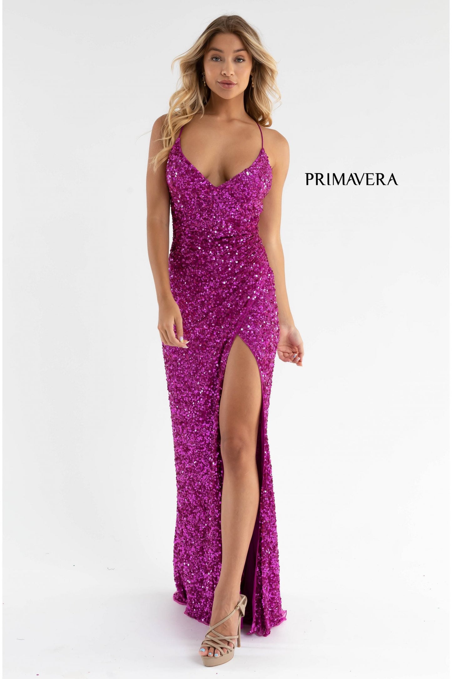 Primavera Couture 3791 Size 12 Royal Prom Dress V Neckline Sequins Lace Up Tie Back Side Slit