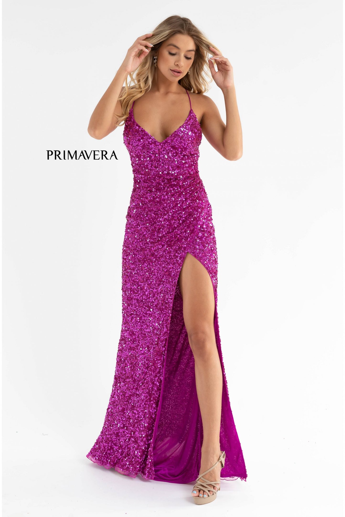 Primavera Couture 3791 Size 12 Royal Prom Dress V Neckline Sequins Lace Up Tie Back Side Slit