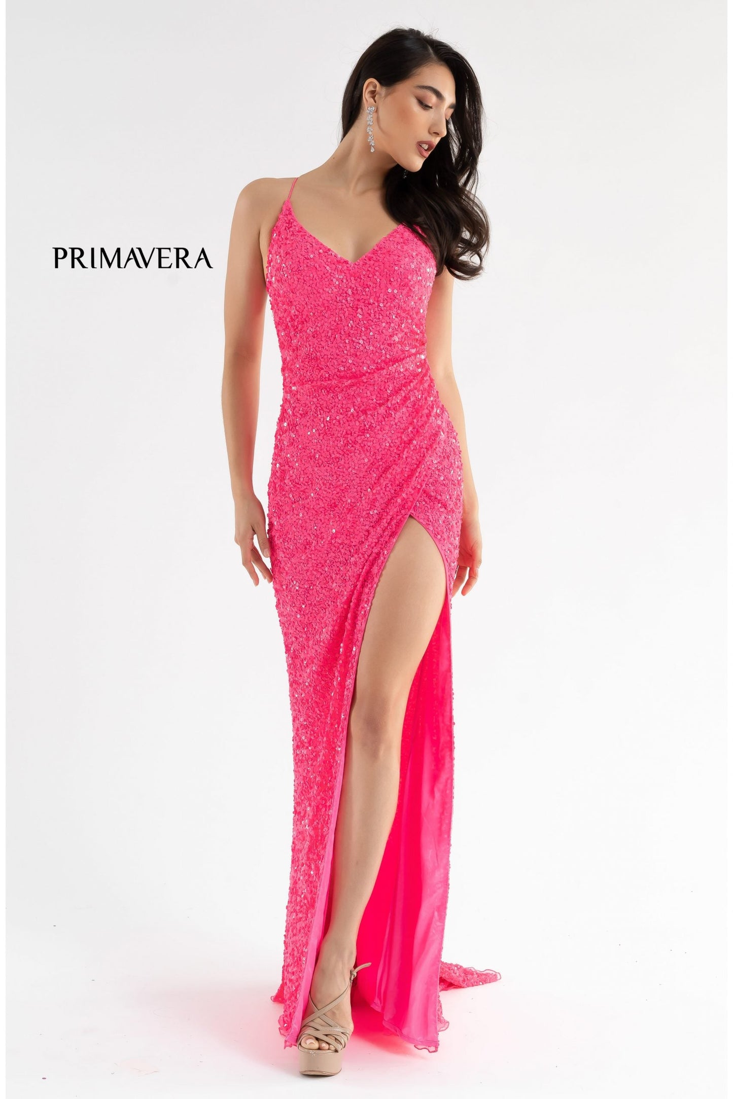 Primavera Couture 3791 Size 12 Royal Prom Dress V Neckline Sequins Lace Up Tie Back Side Slit