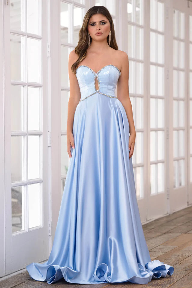 This Ava Presley 39236 long prom dress features a sweetheart neckline and intricate beaded detailing on luxurious satin for a sophisticated and elegant look. Perfect for formal events and pageants, this gown will make you feel like a true beauty queen.