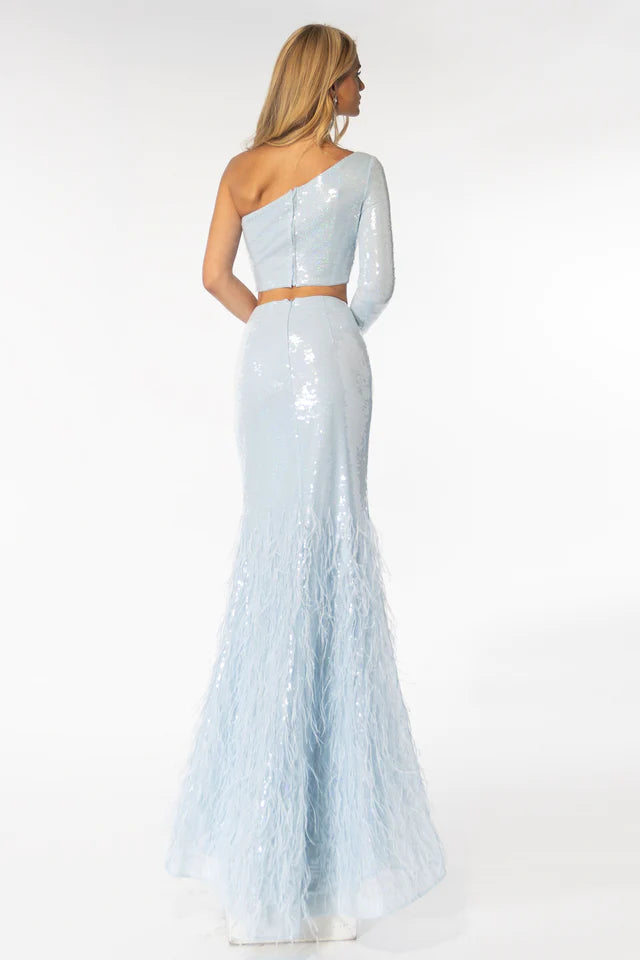 Elevate your formal look with the Ava Presley 39243 Long Prom 2pcs Sequin Dress. Featuring a one-sleeve design and a feather detail skirt, this dress exudes elegance and sophistication. The sequin embellishments add a touch of glamour, making it perfect for proms, pageants, and other formal events. Stand out in style with this stunning dress.