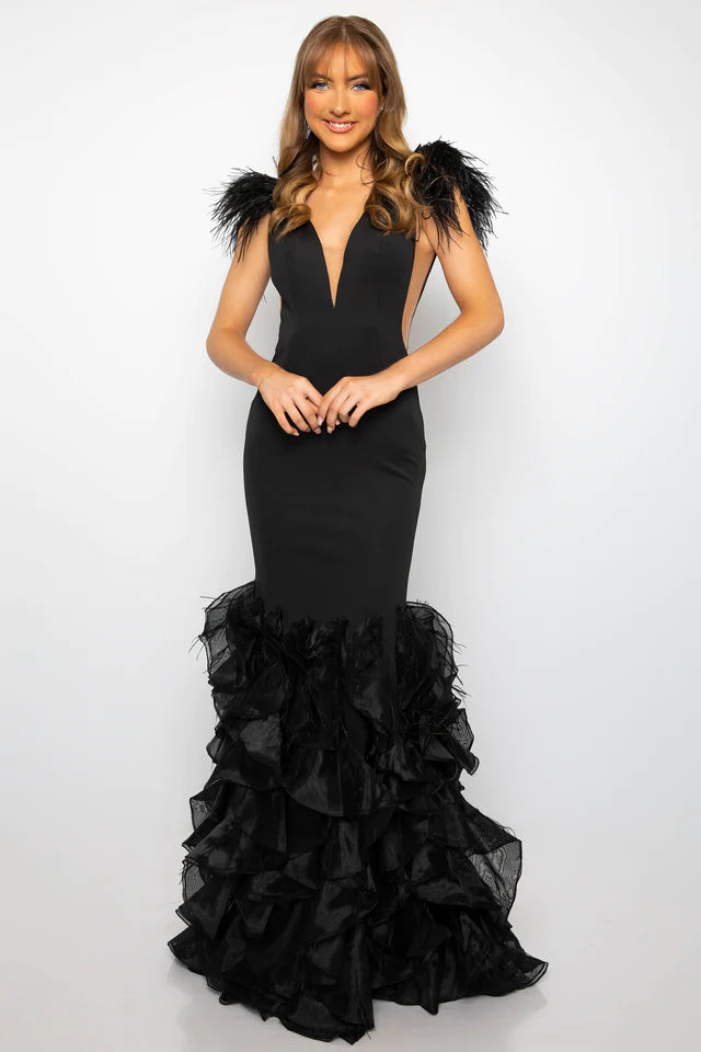 Transform into a red carpet sensation with the Ava Presley 39312 Fitted Long Prom Dress. Designed with a plunging V neckline, ruffles, and feathers, this formal pageant gown exudes glamour and sophistication. Stand out from the crowd and make a bold statement at your next event.