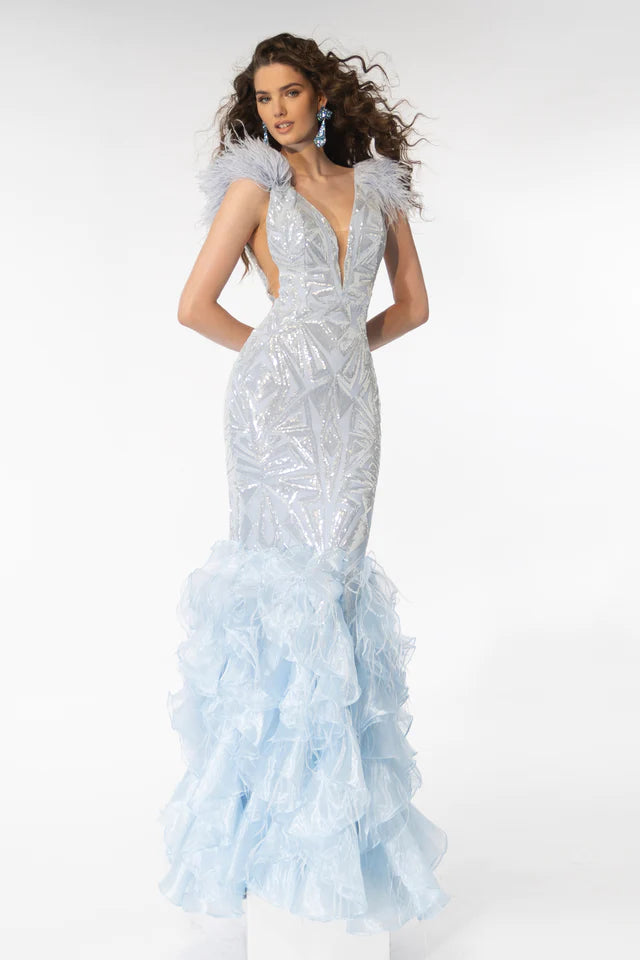 This stunning Ava Presley dress features a bold geometric sequin design, making it perfect for formal events and pageants. The long mermaid skirt made of organza adds an elegant touch, while the overall design exudes sophistication and glamour. Elevate your style and make a statement with this gorgeous gown.