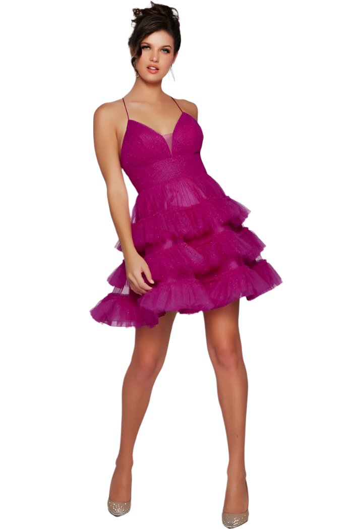 Showcase your style and elegance with the Jovani 39655 Short Layer Tulle Shimmer Homecoming Dress. This stunning dress features a flared silhouette, corset back, and backless design, perfect for any special occasion. Made with high-quality tulle fabric, this dress will shimmer and shine, ensuring you stand out in the crowd.