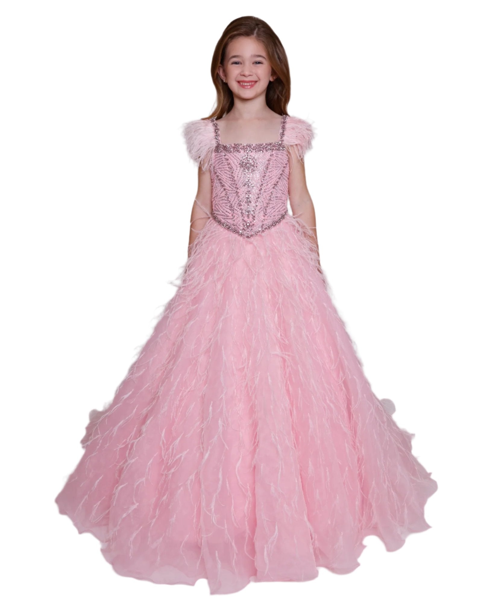 Elevate your little girl's pageant look with the Ava Presley 39889 formal dress. This breathtaking ballgown features a sparkling crystal bodice and delicate feather detailing on the cap sleeves. With its elegant silhouette and luxurious details, it will surely make her shine on stage. Make a grand entrance in this Ava Presley 39889