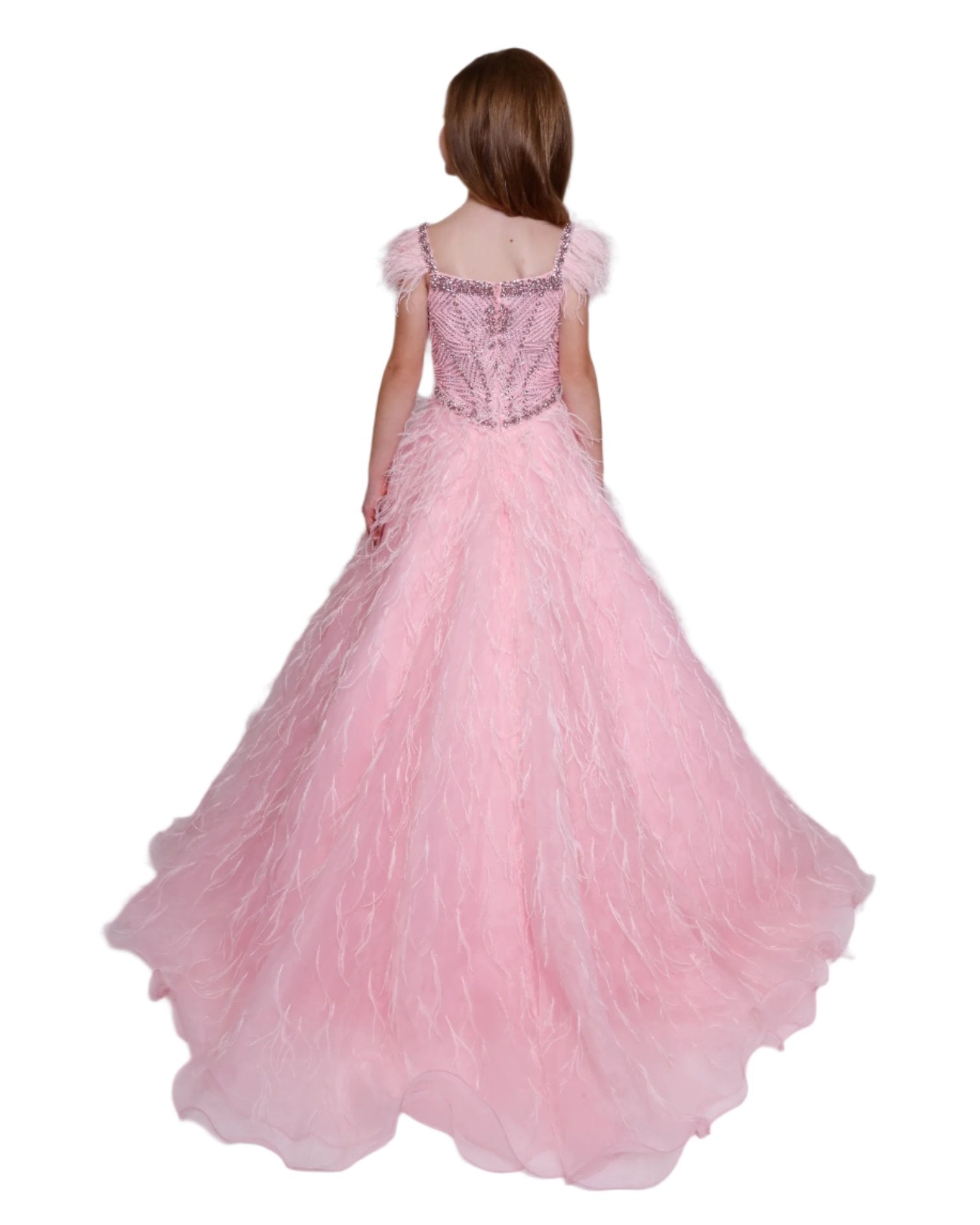 Elevate your little girl's pageant look with the Ava Presley 39889 formal dress. This breathtaking ballgown features a sparkling crystal bodice and delicate feather detailing on the cap sleeves. With its elegant silhouette and luxurious details, it will surely make her shine on stage. Make a grand entrance in this Ava Presley 39889