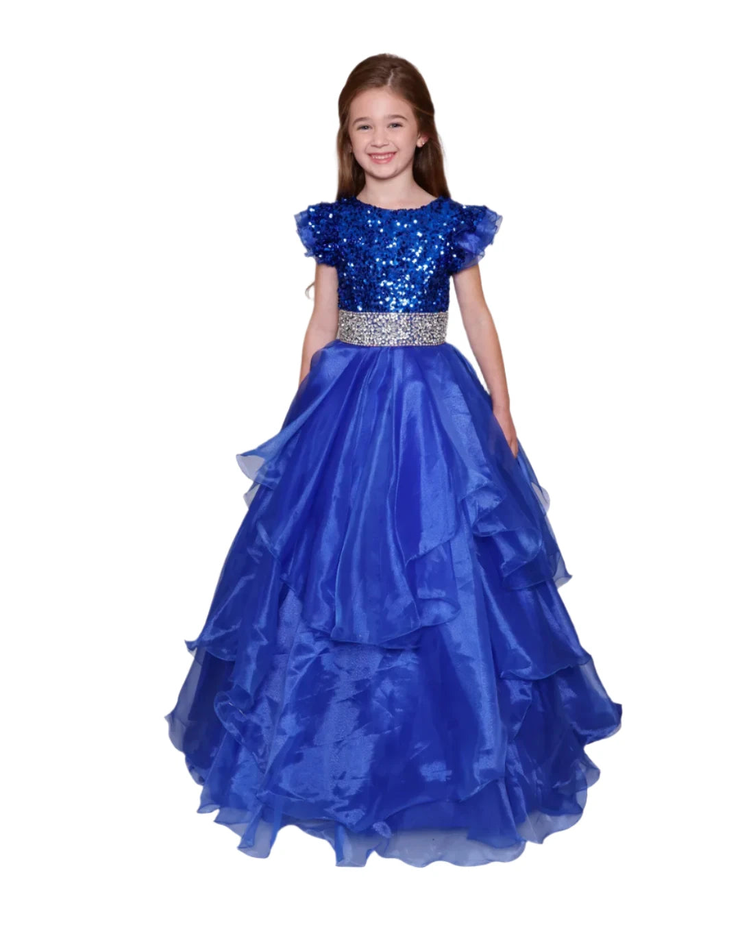 Expertly crafted and elegant, the Ava Presley 39892 girls pageant dress features a stunning blend of sequins and a keyhole ball gown train. The cap sleeves and layered design add a touch of sophistication, while the high-quality construction ensures a flawless fit for your little princess.