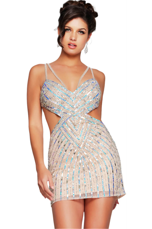 Expertly designed for any formal occasion, the Jovani 400610 Short Cut Out Homecoming Dress features dazzling beaded sequins and a stylish cut out design. This dress is perfect for making a statement and standing out from the crowd with its unique and eye-catching details. Elevate your look and show off your personal style with this elegant and sophisticated gown.