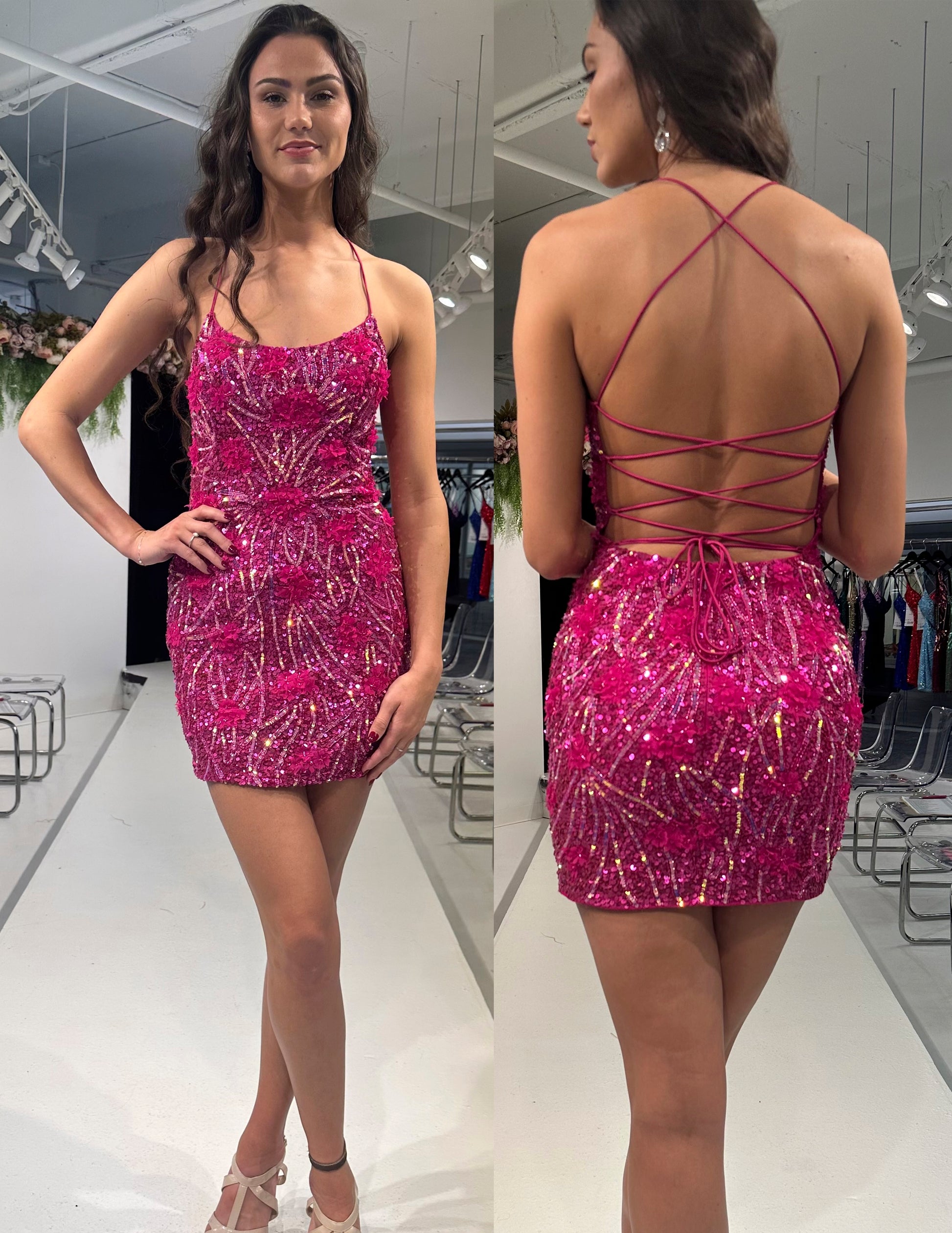 Primavera Couture 4048 Floral Sequin Fully Embellished Open Tie Back Scoop Neck Homecoming Dress. Make a statement in Primavera Couture 4048 Homecoming Dress. This beautiful dress features fully sequin embroidery and a scoop neck with open tie back. Radiate in the floral pattern that will turn heads. 100% polyester.