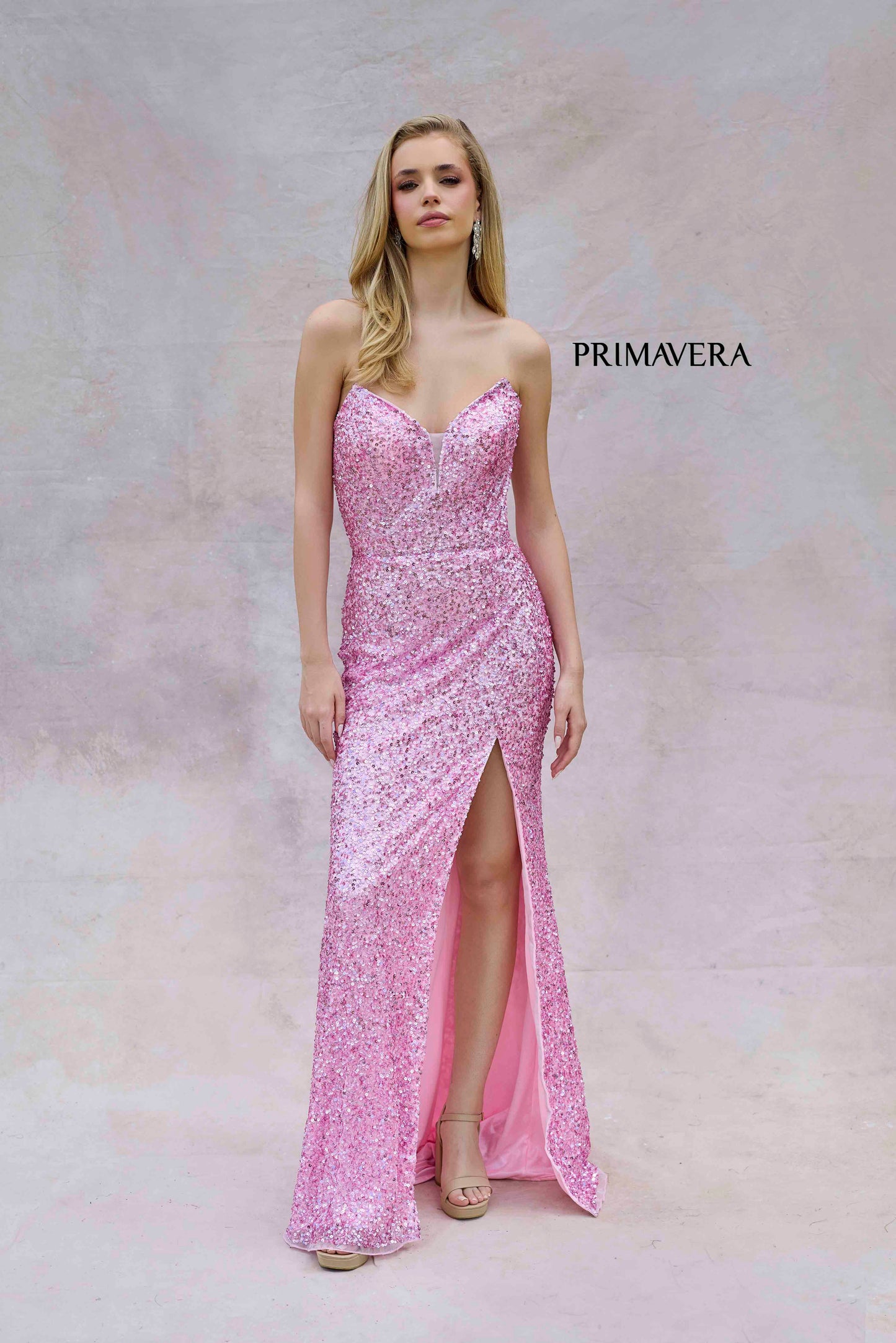 Primavera Couture 4192 Size 2,4,6 Candy Pink Sequin Strapless Prom Dress Peak Point Pageant Gown Slit Formal