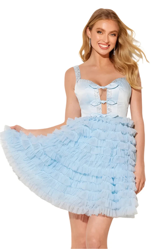 Expertly designed Lucci Lu 4211 homecoming dress featuring a stunning crystal V-neckline &amp; ruffle bow accent. Short, A-line silhouette flatters every figure. In stunning sky blue hue. Perfect for your special occasion needs.