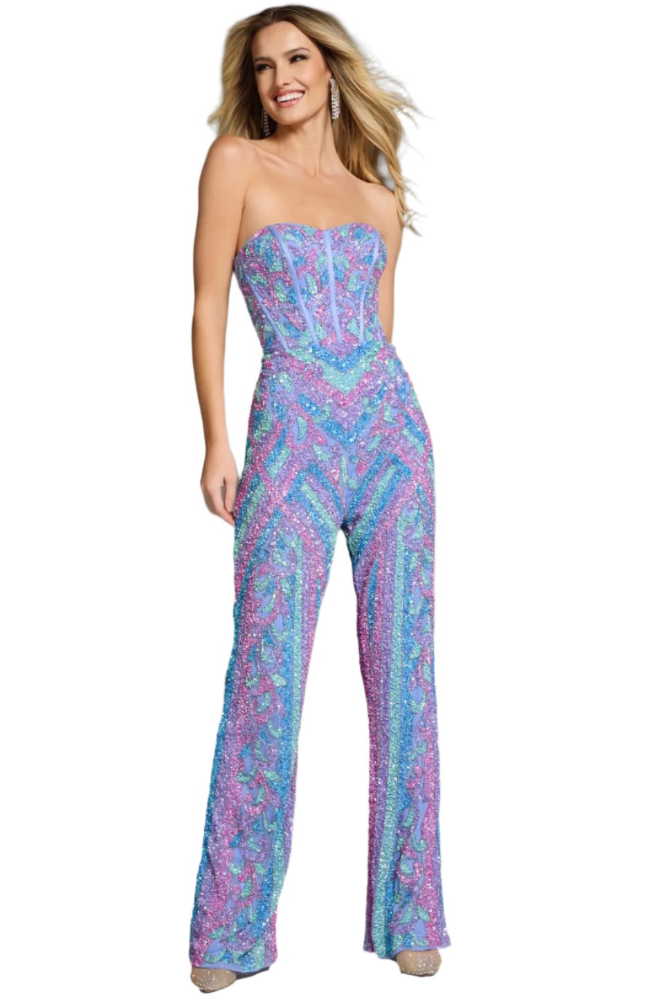 Dazzle in the Jovani 42597 Strapless Sequin Jumpsuit. This formal piece features a stunning sequin corset and delicate beading, perfect for pageants and special occasions. The strapless design adds a touch of fun and glamour. Elevate your fashion game with this exclusive and sophisticated ensemble.