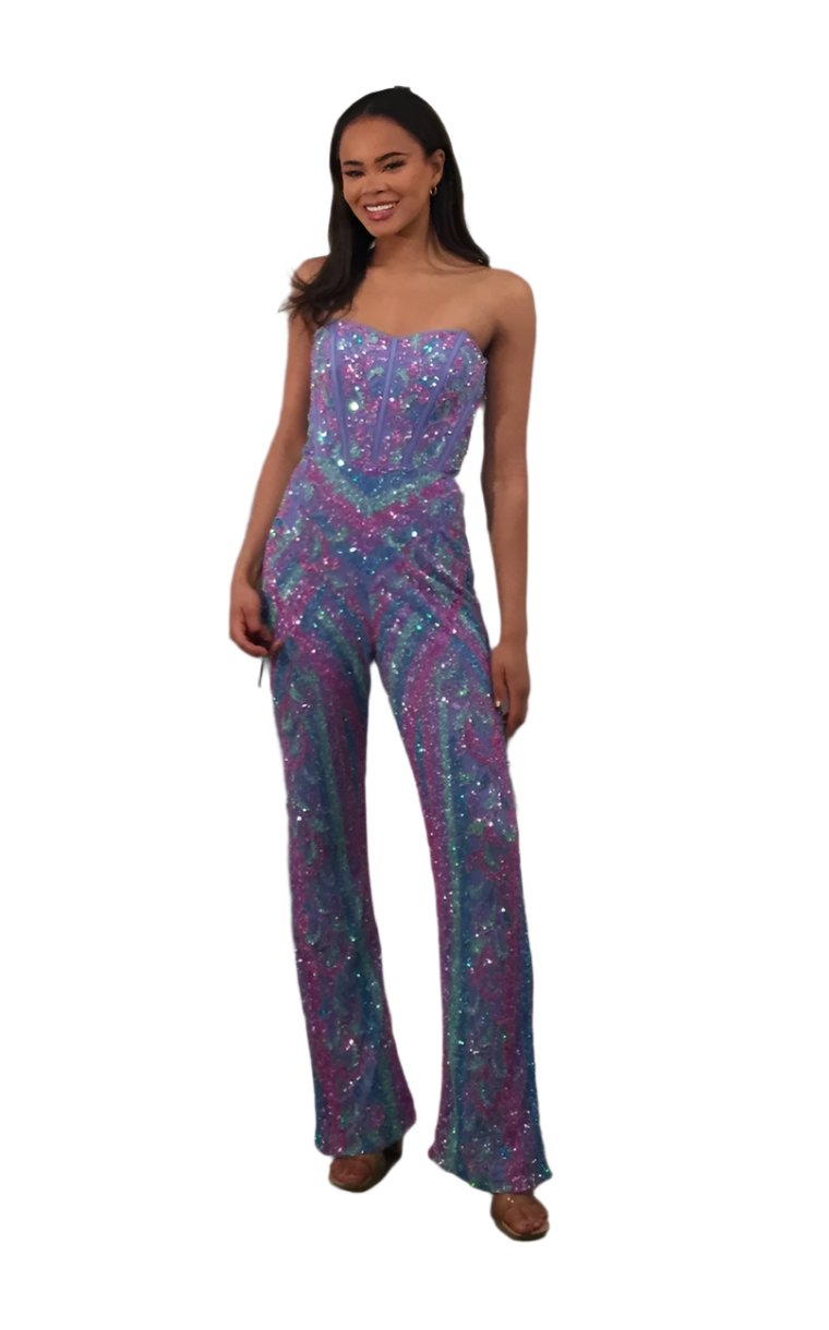 Dazzle in the Jovani 42597 Strapless Sequin Jumpsuit. This formal piece features a stunning sequin corset and delicate beading, perfect for pageants and special occasions. The strapless design adds a touch of fun and glamour. Elevate your fashion game with this exclusive and sophisticated ensemble.