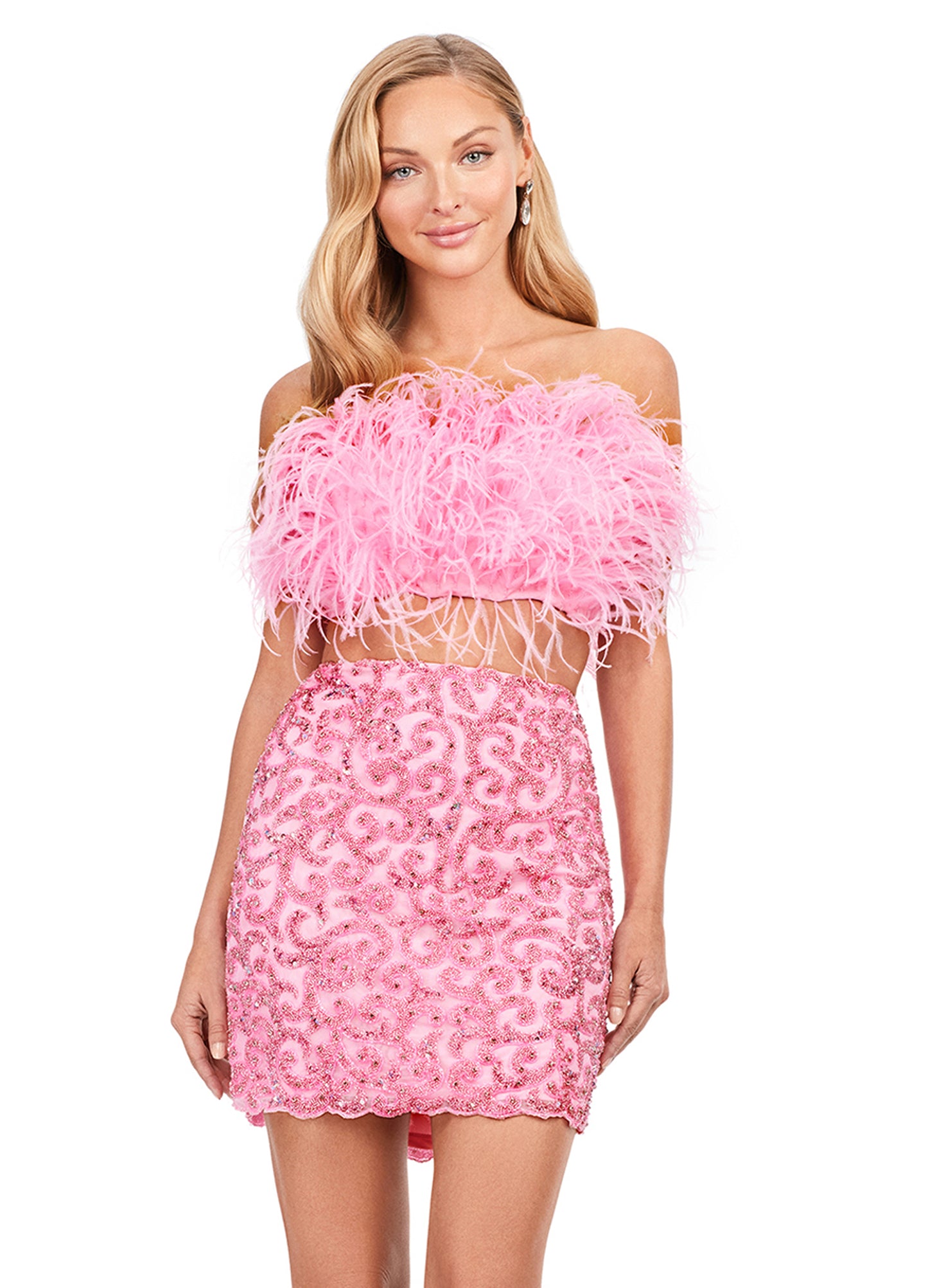 Ashley Lauren 4599 Short Two Piece Beaded Skirt Feather Bodice Formal Cocktail Dress  Homecoming This two piece set features a fully beaded skirt and fully feathered top, the perfect pair! This gorgeous piece is a must for your closet! Strapless Feather Bustier Two-Piece Fitted Skirt Sizes: 00-16 Colors:  Sky, Candy Pink, Ivory, Lilac, Red