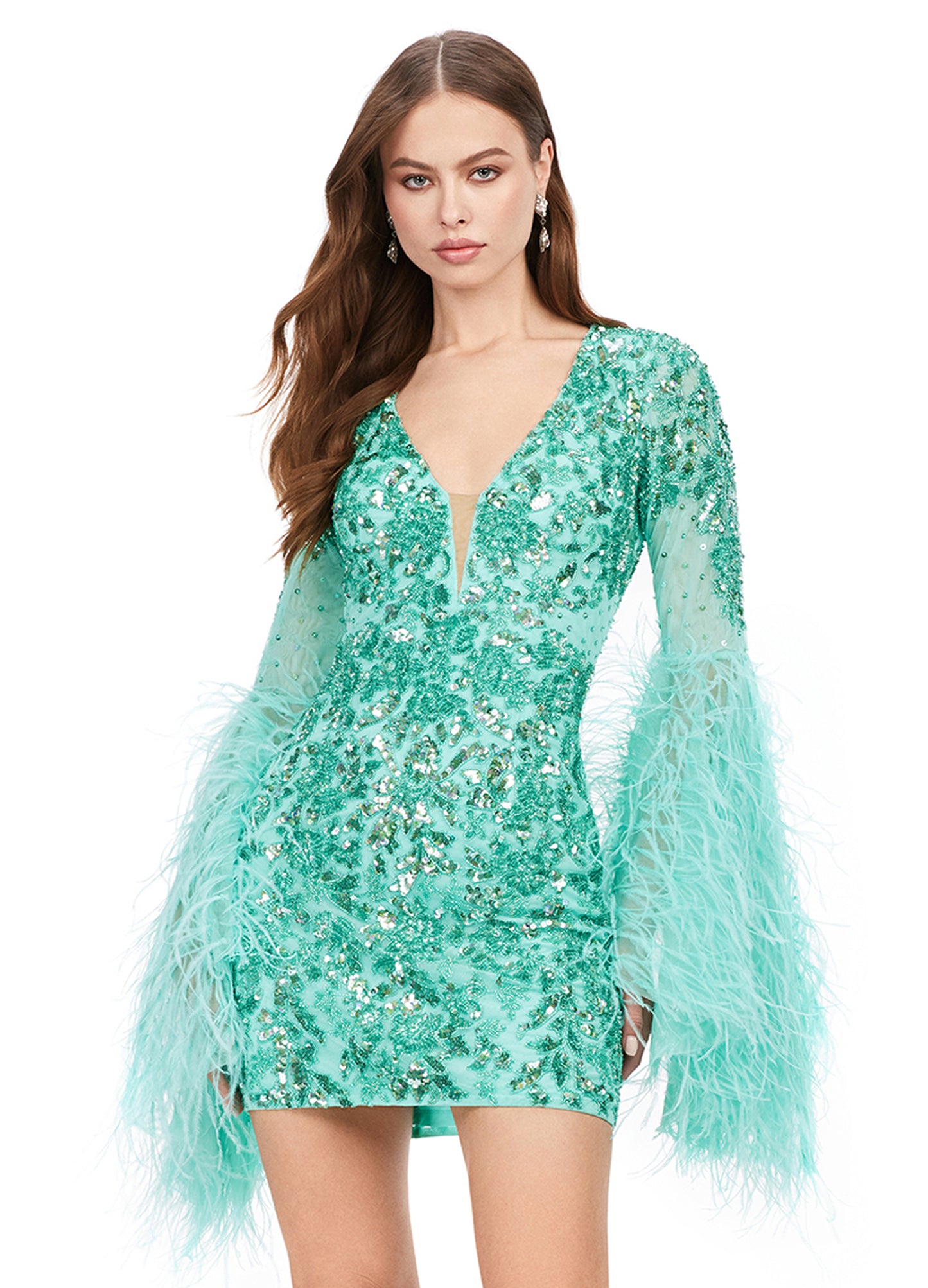 Ashley Lauren 4603 Fully Beaded Bell Sleeve With Feathers V-Neck Cocktail Homecoming Dress. Make a statement in this fully beaded cocktail dress with feather adorned flare sleeves! The look is complete with a V-neckline, full back and fitted skirt.