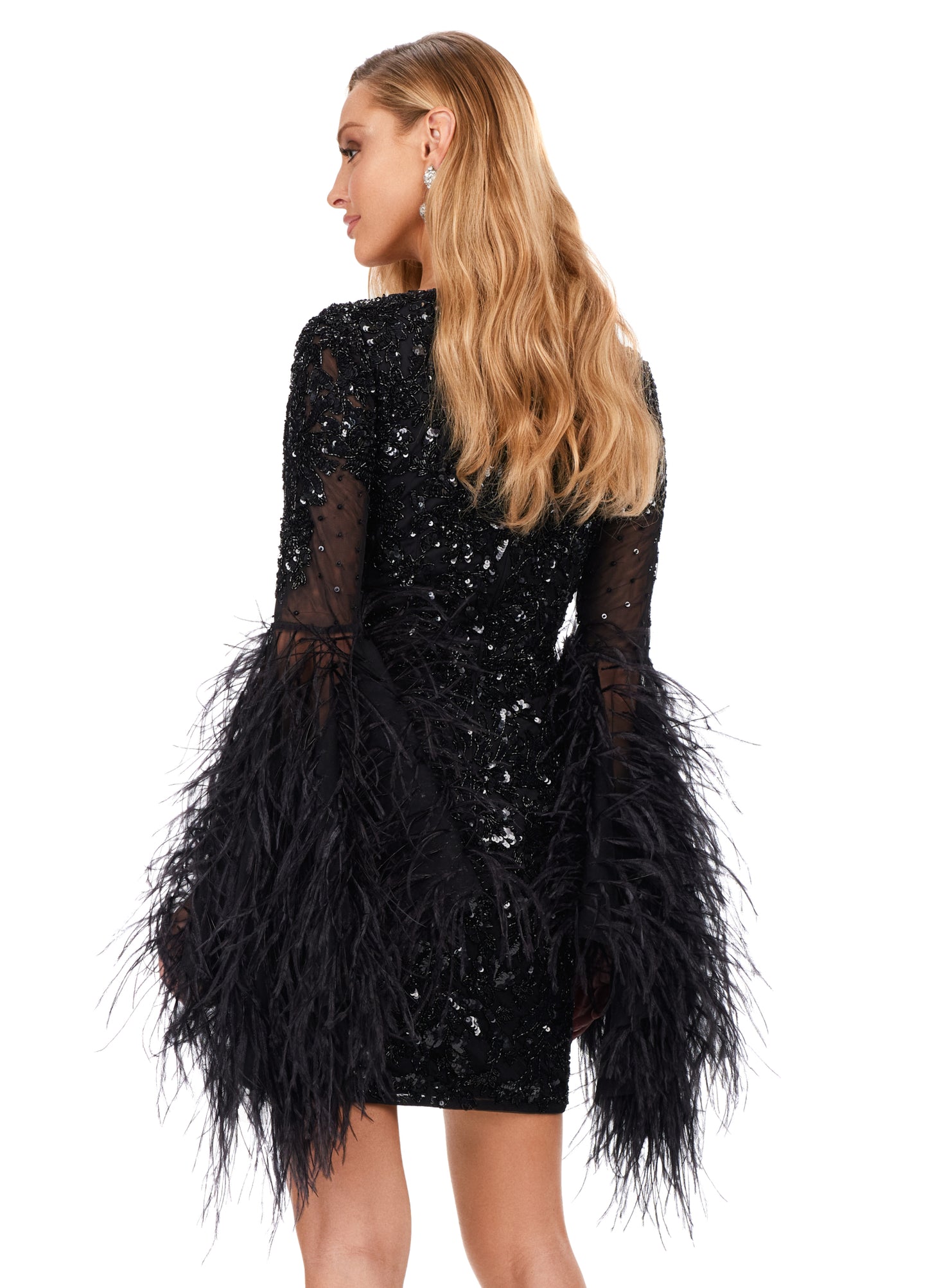 Ashley Lauren 4603 Fully Beaded Bell Sleeve With Feathers V-Neck Cocktail Homecoming Dress. Make a statement in this fully beaded cocktail dress with feather adorned flare sleeves! The look is complete with a V-neckline, full back and fitted skirt.