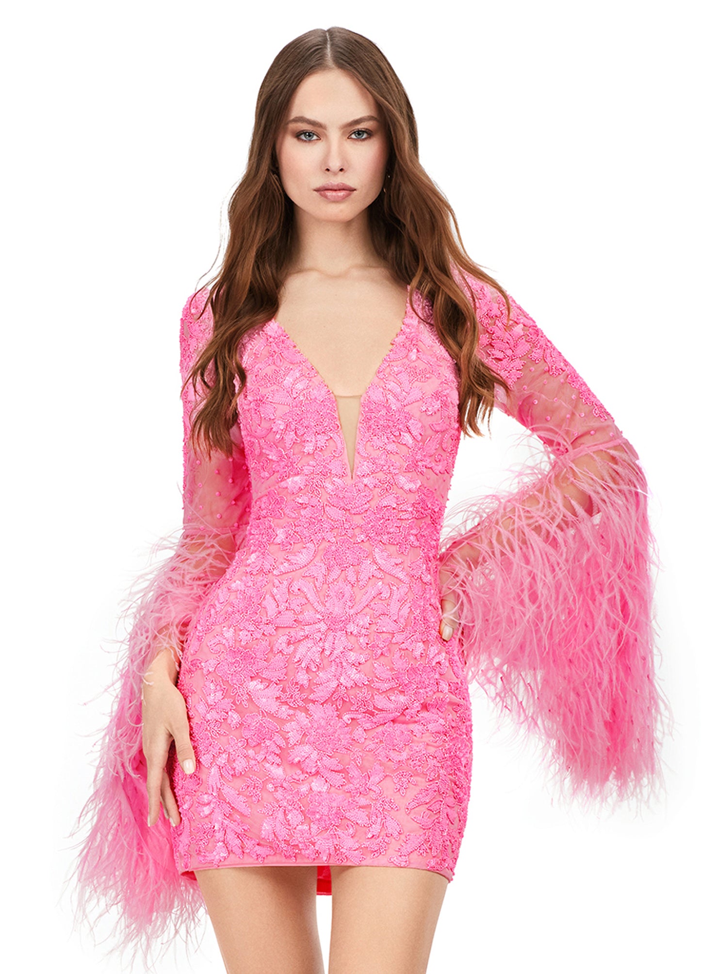 Ashley Lauren 4603 Fully Beaded Bell Sleeve With Feathers V-Neck Cocktail Homecoming Dress. Make a statement in this fully beaded cocktail dress with feather adorned flare sleeves! The look is complete with a V-neckline, full back and fitted skirt.