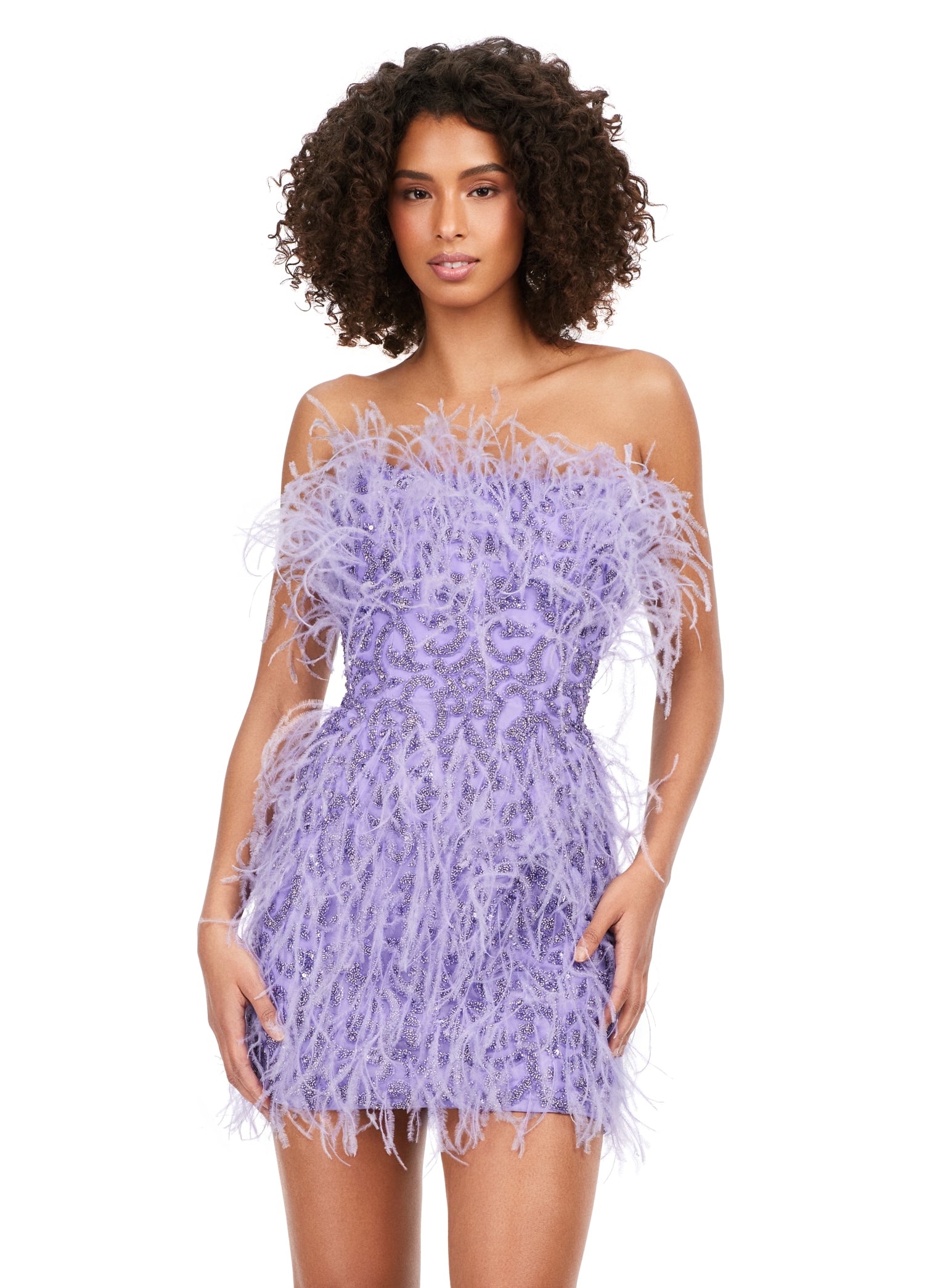 Ashley Lauren 4615 Fully Beaded Strapless Sheer Embellished Bodice Feather Detailing Cocktail Homecoming Dress. Feel like a queen in this fully beaded, strapless cocktail dress. With light feathers throughout, this dress will make a statement at any event!