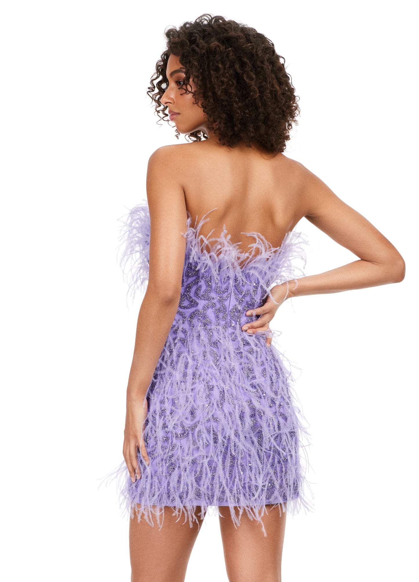 Ashley Lauren 4615 Fully Beaded Strapless Sheer Embellished Bodice Feather Detailing Cocktail Homecoming Dress. Feel like a queen in this fully beaded, strapless cocktail dress. With light feathers throughout, this dress will make a statement at any event!