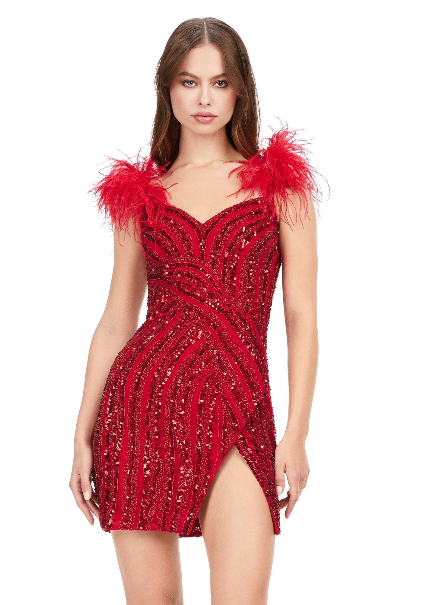 Ashley Lauren 4626 Beaded Spaghetti Strap With Feather Design Fitted Cocktail Homecoming Dress. Look amazing in the Ashley Lauren 4626 dress. This fitted cocktail homecoming dress features beautiful beaded details, spaghetti straps, and a unique feather design for an unforgettable look. Wear it and be the envy of the party.