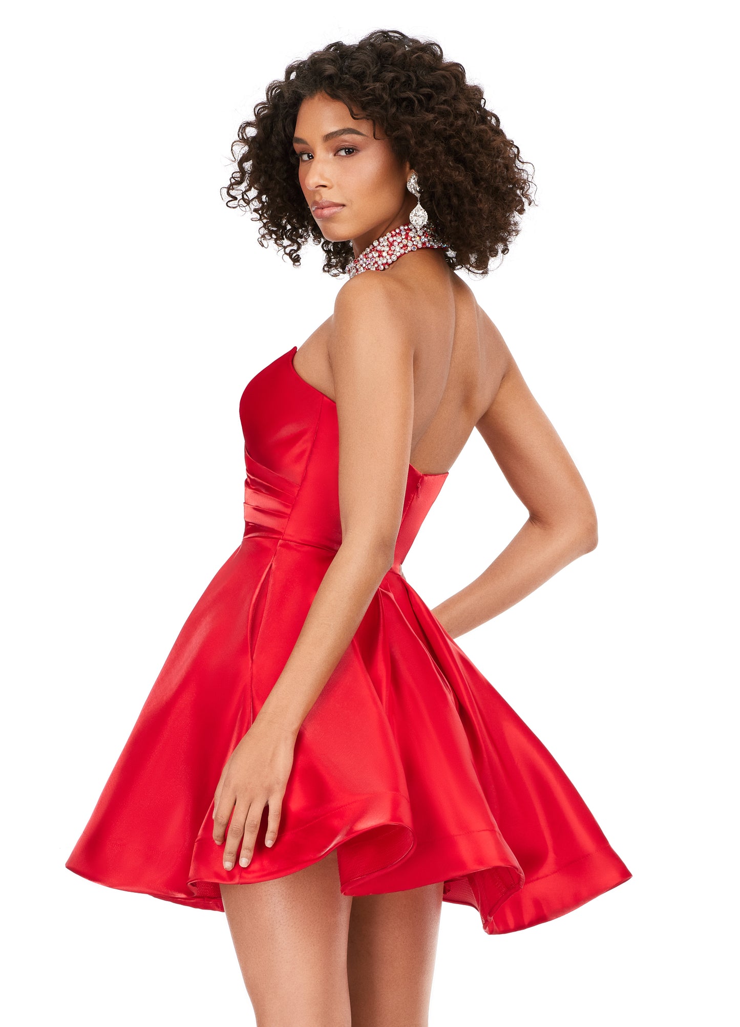 Ashley Lauren 4644 Strapless Satin A-Line Skirt Fully Beaded Choker Cocktail Homecoming Dress. This strapless sweetheart cocktail dress features an A-line skirt and a fully-beaded choker.