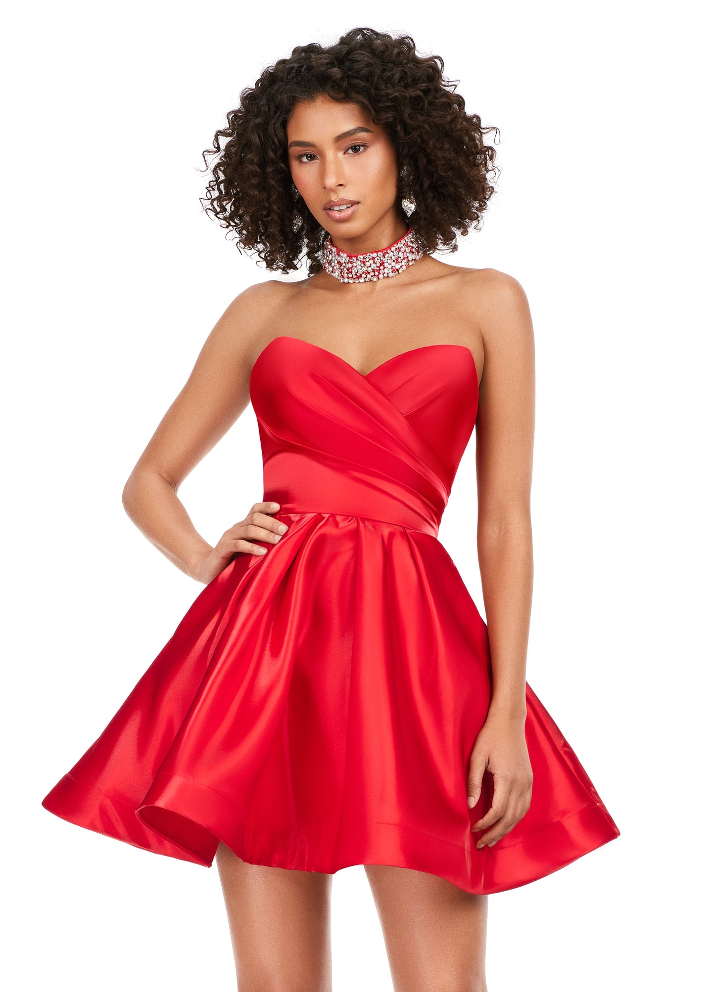 Ashley Lauren 4644 Strapless Satin A-Line Skirt Fully Beaded Choker Cocktail Homecoming Dress. This strapless sweetheart cocktail dress features an A-line skirt and a fully-beaded choker.