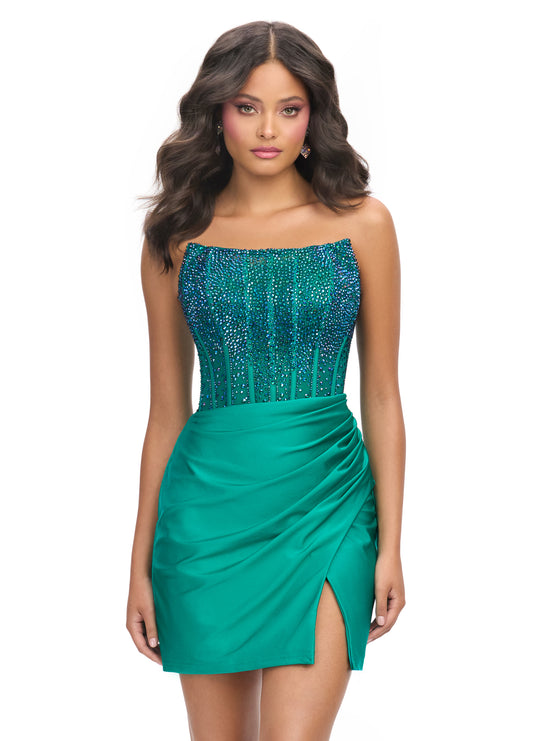 Achieve a stunning look with the Ashley Lauren 4686 Short Sheer Crystal Homecoming Dress. This formal gown features a corset boning for a flawless fit. The scoop neck design adds a touch of elegance, while the sheer crystal detailing adds a subtle sparkle. Perfect for any special occasion.