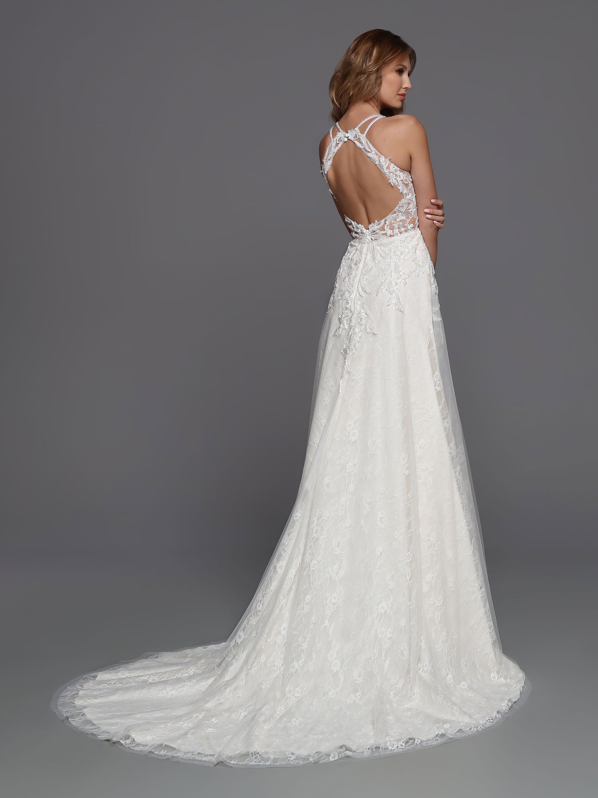 DaVinci Bridal 50736 A-Line V-Neck Keyhole Back Lace Appliques Tulle Train Wedding Gown. Be a vision in this romantic tulle and lace slip dress with its beaded lace bodice, shaped waistband, and open keyhole back.