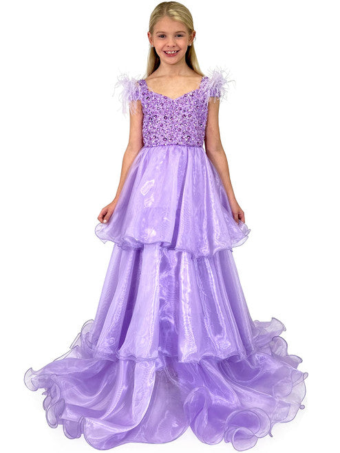 This exquisite Marc Defang 5143 Girls Pageant Dress features a feather off the shoulder straps, fully beaded bodice with shimmering layer organza skirt. The perfect dress for a special occasion, this dress will make your little girl feel like a princess.  Sizes: 4-14  Colors: Lilac, Baby Blue