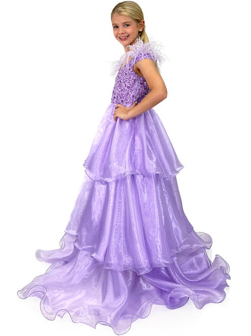 This exquisite Marc Defang 5143 Girls Pageant Dress features a feather off the shoulder straps, fully beaded bodice with shimmering layer organza skirt. The perfect dress for a special occasion, this dress will make your little girl feel like a princess.  Sizes: 4-14  Colors: Lilac, Baby Blue