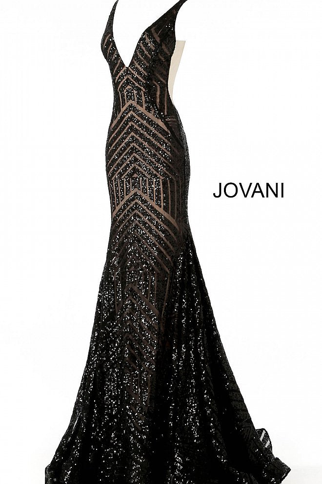 Long Jovani 59762 Prom Dress, Featuring a plunging neckline & A Fully sequined Fitted Mermaid Bodice. This Open V Back Pageant Gown & prom dress is perfect for the stage is has a lush trumpet sequin embellished skirt and sweeping train. 