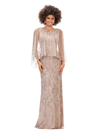 Ashley Lauren 11214 Fully Hand Beaded Crew Neckline High Back Overlay Fitted Evening Dress. A timeless evening gown complete with a sheer overlay. This gown has a sequin motif that sparkles throughout the gown and overlay. Talk about elegant!