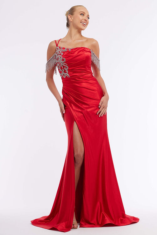 This Vienna Prom 7977 dress is perfect for special occasions. Crafted from satin, it features a ruched bodice and off-shoulder straps combined with a crystal fringe trim, a thigh-high slit. Make a lasting impression at your next event with this beautiful dress. Maxi slit Pageant Gown  Sizes: 00-16  Colors: Coral, Blue, Red