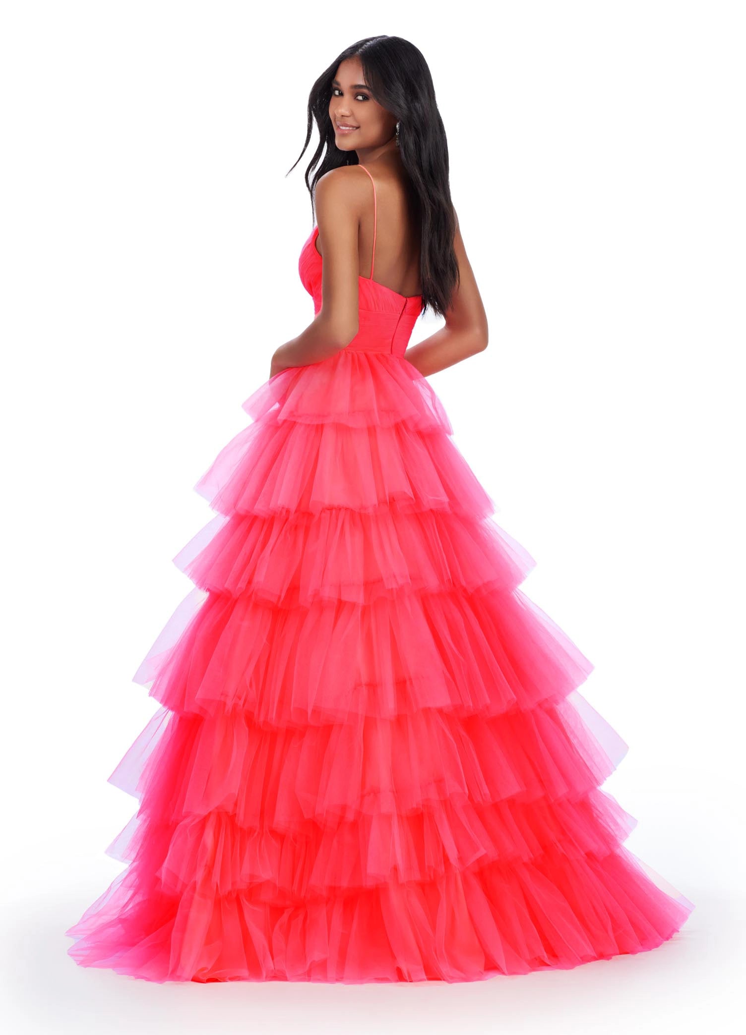 Ashley Lauren 11622 Long Layered Tulle A Line Prom Dress Formal Ballgown V Neck This tulle ball gown features a tiered design and ruched bustier. The look is complete with spaghetti straps and a sweetheart neckline.  COLORS: Electric Coral, Orchid, Jade, Hot Pink Sizes: 0-24