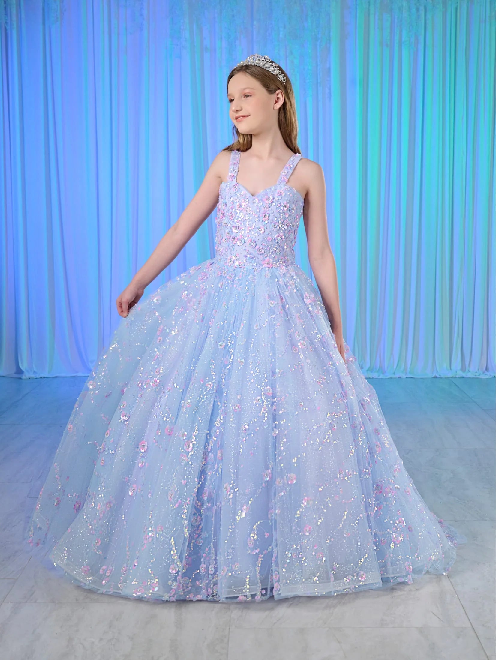 Rule the pageant with this dazzling Tiffany Princess 80026MQ sequin ball gown. With a corset style bodice and scoop neck, this dress will make you shine. The train adds an extra touch of elegance. Be the talk of the town in this show-stopping pageant dress.