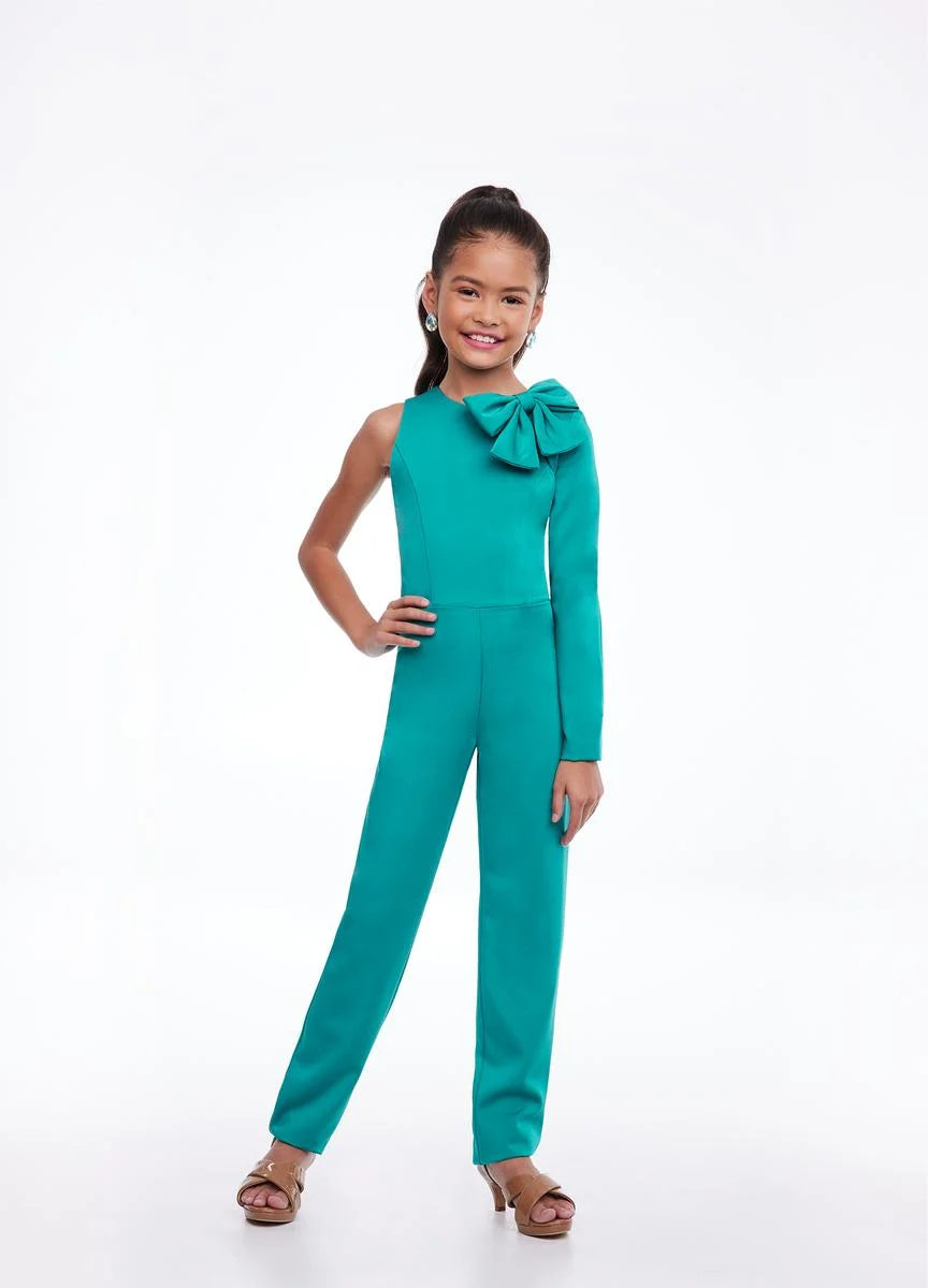 Ashley Lauren Kids 8133 Size 14 Jade One Shoulder Long Sleeve Crepe Jumpsuit bow on Shoulder Pageant Wear  Size: 14  Color: Jade