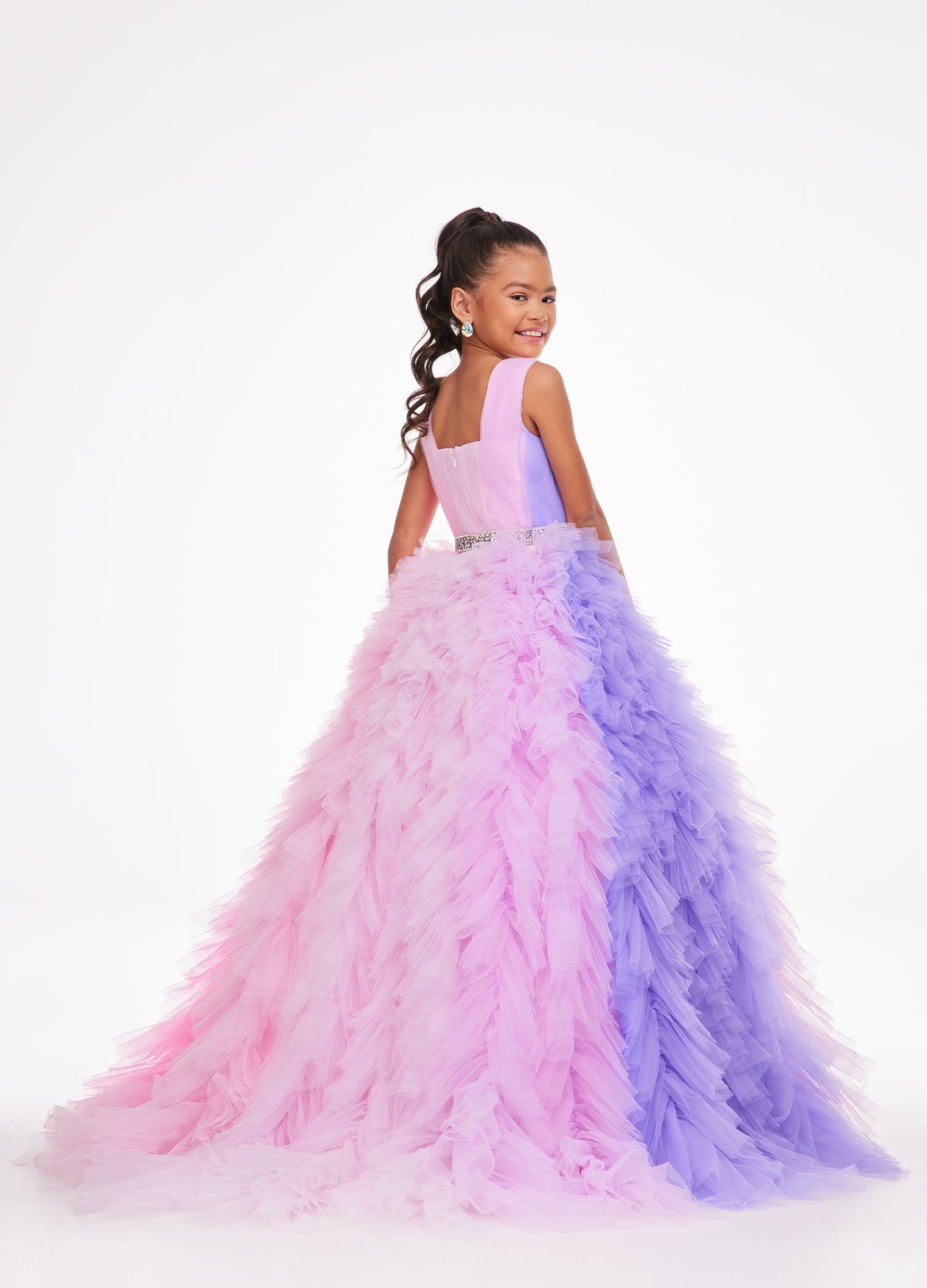 Ashley Lauren Kids 8137 Girls and Preteens Pageant Dress.  This stand out kids gown features a square neckline giving way to a crystal encrusted belt. The ombre tulle skirt completes the look.  Available colors:  Pink Multi, Blue Multi  Available sizes:  4, 6, 8, 10, 12, 14, 16