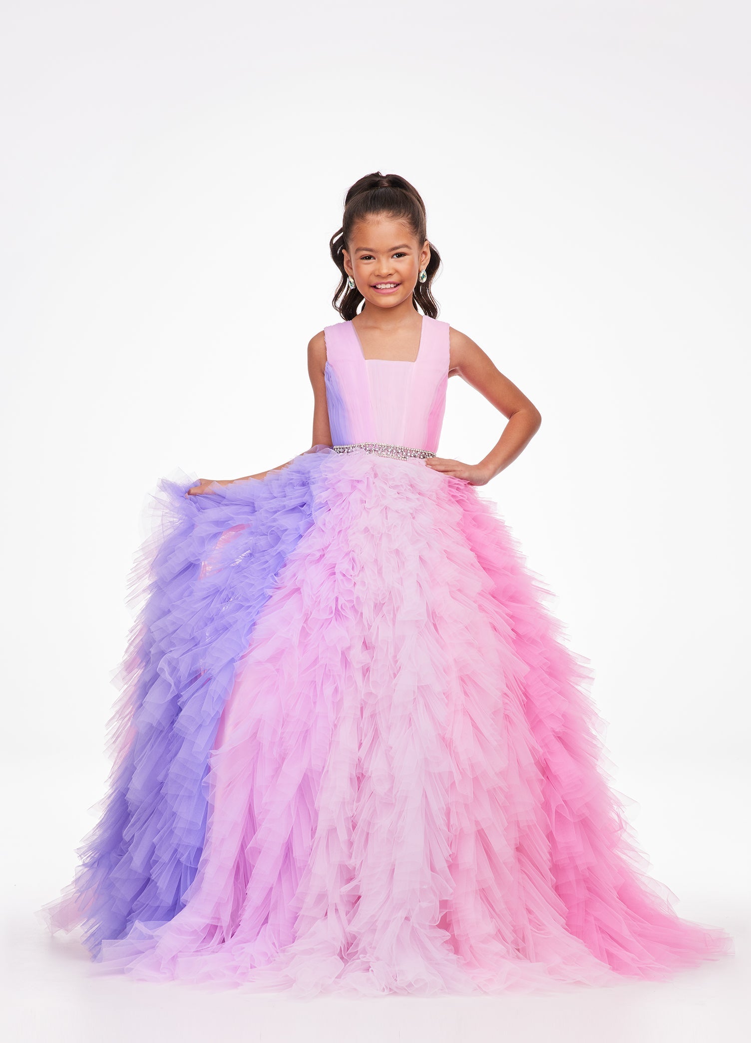 Ashley Lauren Kids 8137 Girls and Preteens Pageant Dress.  This stand out kids gown features a square neckline giving way to a crystal encrusted belt. The ombre tulle skirt completes the look.  Available colors:  Pink Multi, Blue Multi  Available sizes:  4, 6, 8, 10, 12, 14, 16