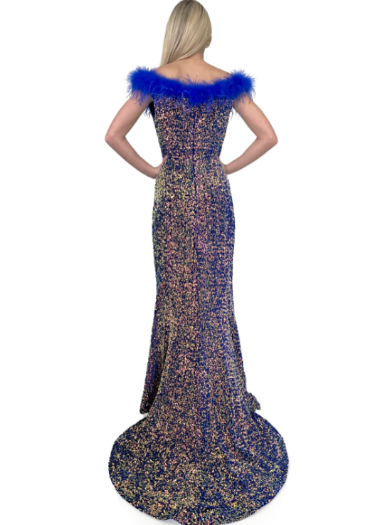 This Marc Defang 8145 Dress is a size 4 Velvet Sequin Dress that features an elegant Feather off the shoulder design and a sophisticated slit. Perfect for pageants, this gown is made with high quality materials and exquisite craftsmanship to make you stand out.