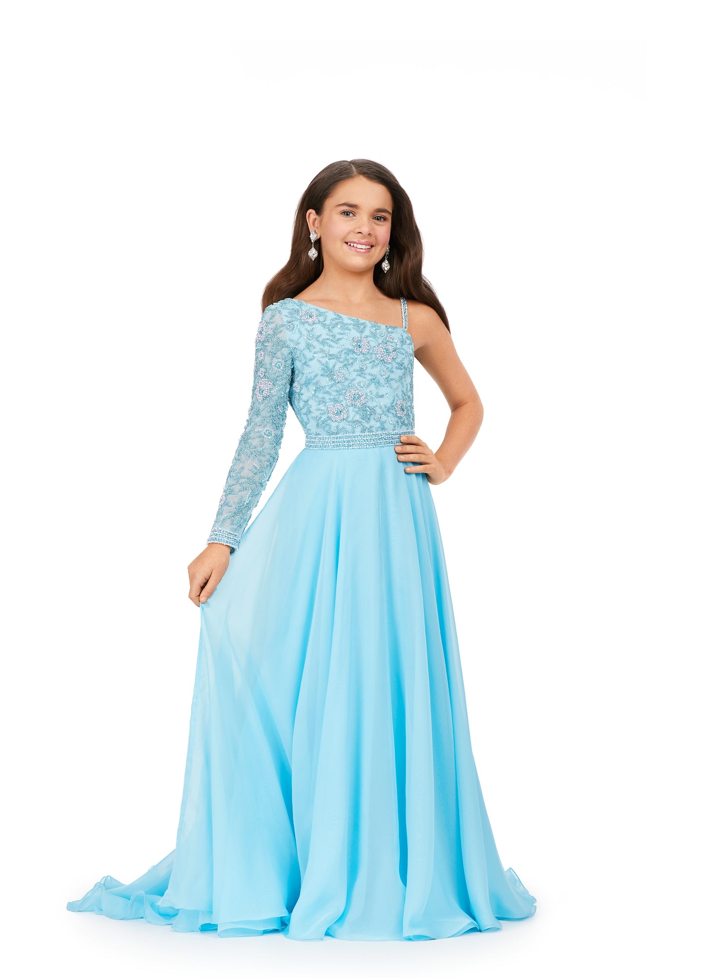 Ashley Lauren Kids 8197 One Shoulder Fully Beaded Bodice A-Line Chiffon Skirt Gown. Make all your dreams come true in this stunning one shoulder gown. With gorgeous beaded details throughout the top and a chiffon skirt, this dress is sure to WOW the crowd!