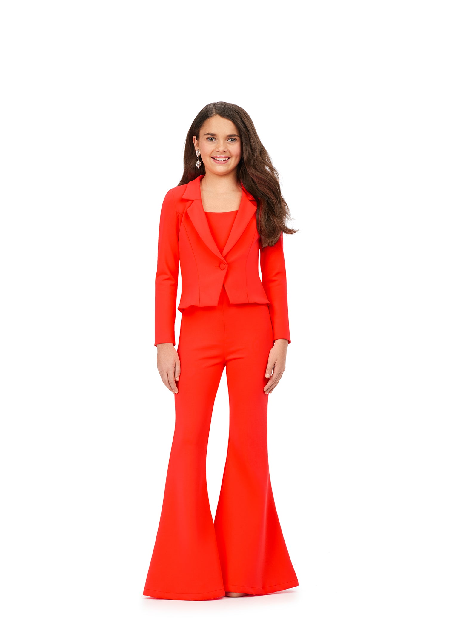 The Ashley Lauren Kids 8206 Girls Long Sleeve Scuba Bell Bottom Pageant Jumpsuit Interview is designed for the fashion-forward young lady. Featuring scuba fabric and flare pant legs, this two-piece jumpsuit will help your little one stand out in any event.  Sizes: 4-16  Colors: Sky, Neon Orange, Raspberry