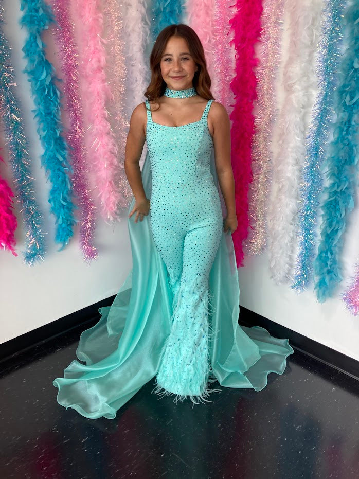 Ashley Lauren Kids 8210 Long Girls Pageant Jumpsuit with Crystal embellishements and a scoop neckline. Feather Embellished flared Bell Bottoms with a choker embellished with crystals and organza Cape.  Sizes: 4-16  Colors: Aqua, Fuchsia