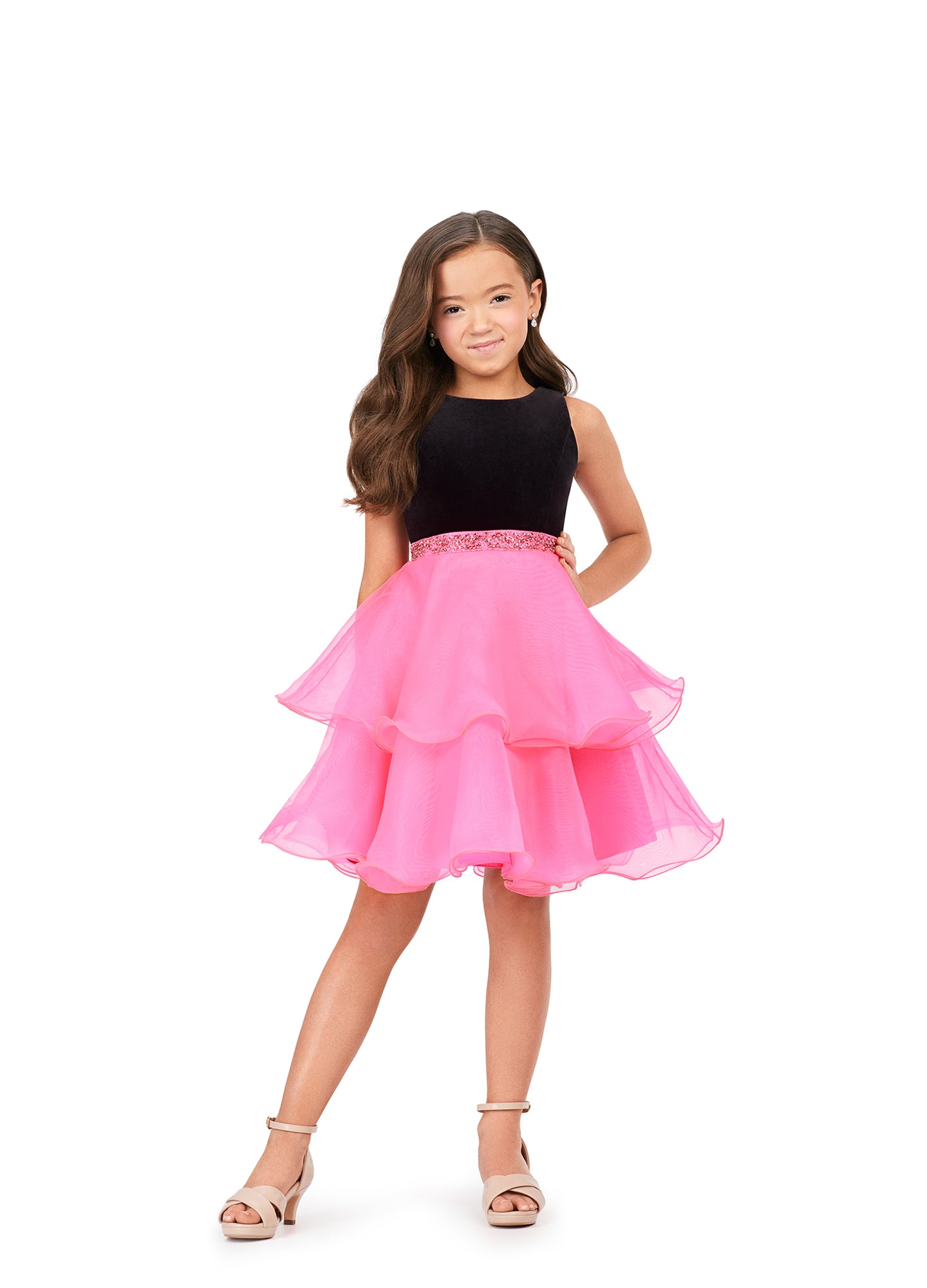 Ashley Lauren Kids 8216 Velvet Bustier And Organza Skirt Beaded Detail Crew Neckline Cocktail Dress. Elegant and adorable! This cocktail dress features a velvet bodice with a ruffled, layered organza skirt and a beaded waistband. We're in love!