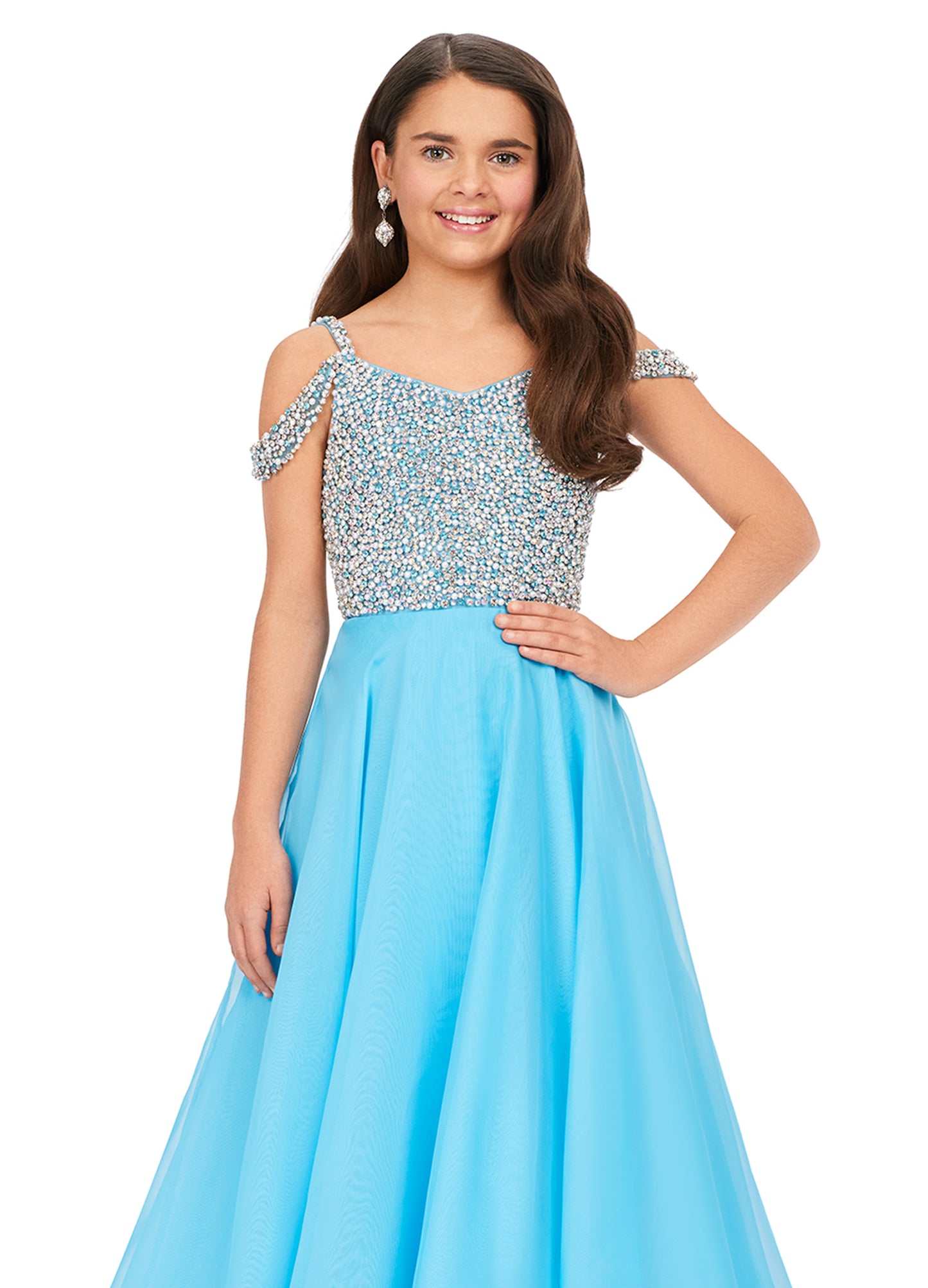 Ashley Lauren Kids 8220 Beaded Bustier A-Line Off The Shoulder Sweetheart Neckline Chiffon Gown. We are obsessed with this elegant gown! The fully beaded bodice features off shoulder straps and a fabulous, flowy chiffon skirt.