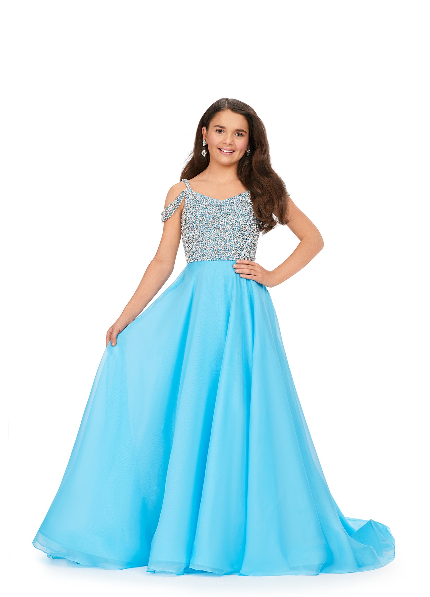 Ashley Lauren Kids 8220 Beaded Bustier A-Line Off The Shoulder Sweetheart Neckline Chiffon Gown. We are obsessed with this elegant gown! The fully beaded bodice features off shoulder straps and a fabulous, flowy chiffon skirt.